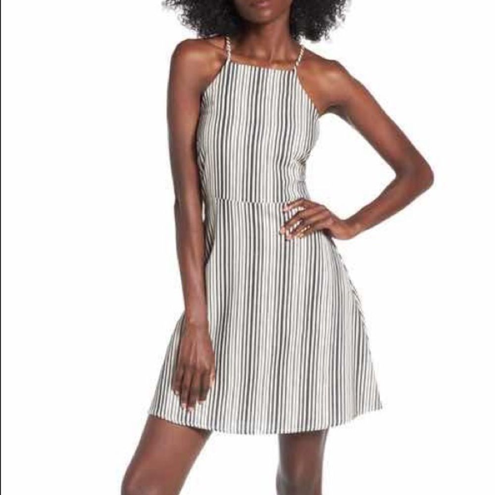 Lush Blue/White Striped Linen Blend High Neck Dress - Size M